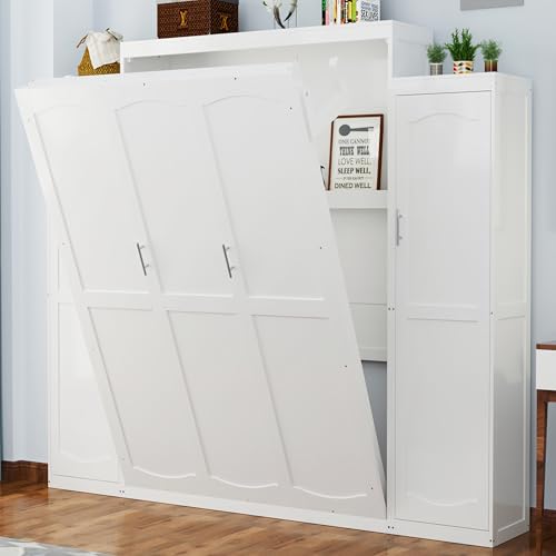 White Queen Size Foldable Platform Bed with 2 Wardrobe and Storage Shelf D68894
