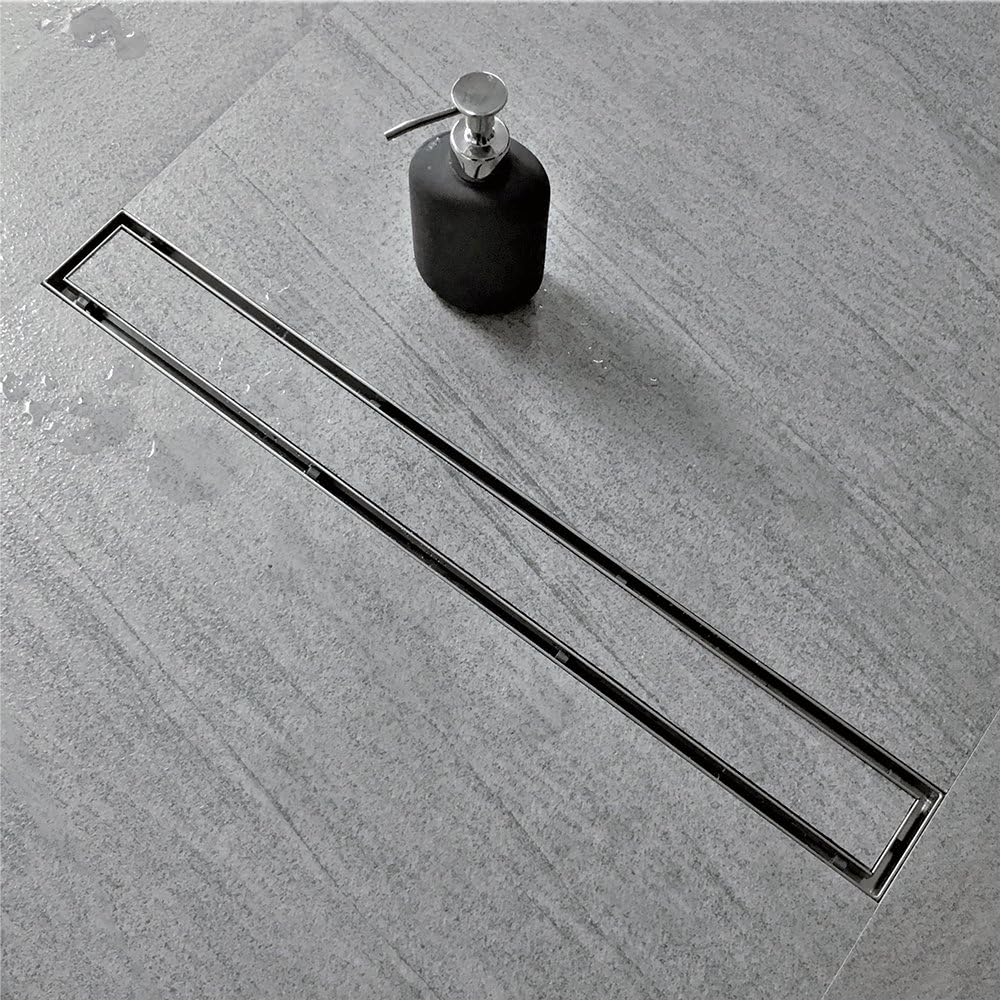 36-Inch Offset Linear Shower Drain with Tile Insert Grate Cover, Brushed 304 Stainless Steel Rectangle Side Outlet Shower Floor Drain P7046