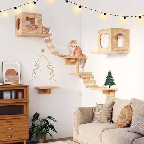 Pine Wooden Cat Wall Shelves with Scratching Post G940953