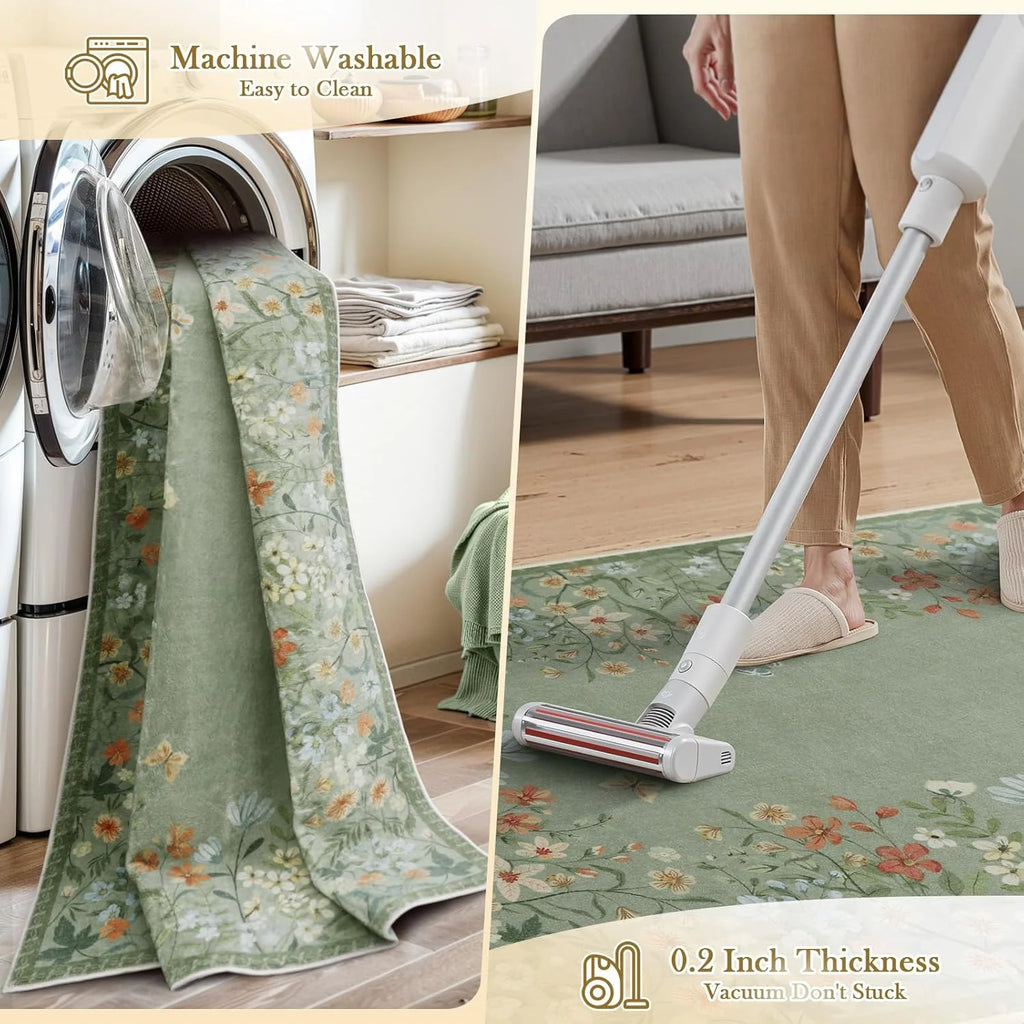 Green Floral 4x6 Washable Low-Pile Area Rug B6699