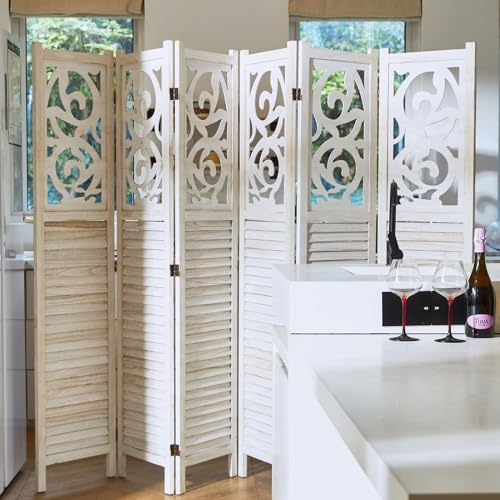 6 Panels Wood Carved Privacy Screens (White-Washed) U55721