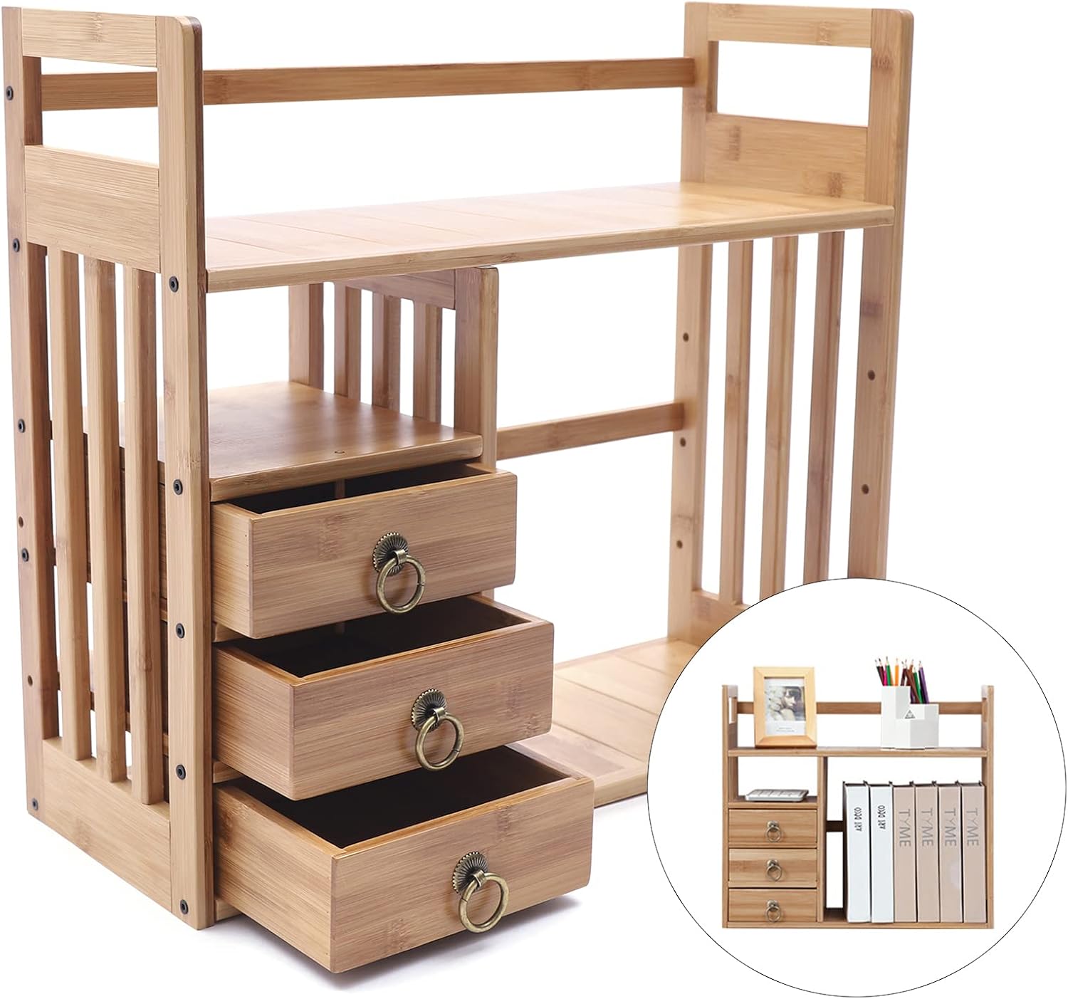 Natural Bamboo Desk Shelf Organizer with 3 Drawers F1705