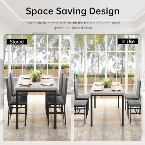 Dining Table Set for 4 with Faux Marble Tabletop and 4 PU Leather Chairs J936