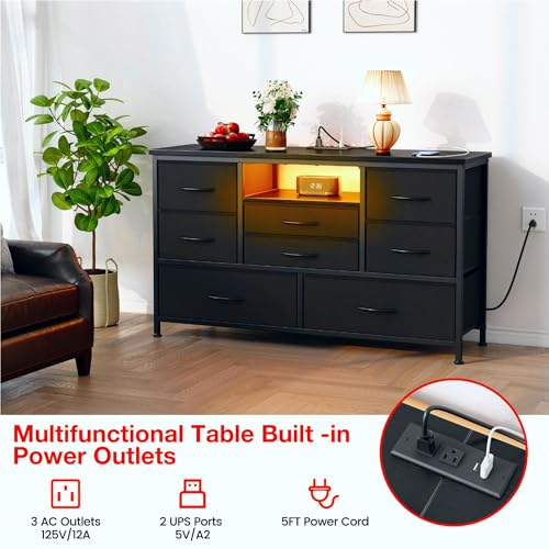 8 Drawer Dresser with Power Outlet and LED, Wood Top L8734