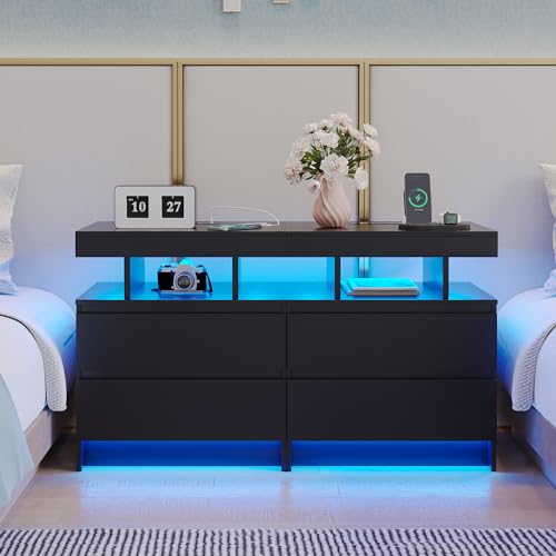 Black Nightstand with Drawers and Wireless Charging Station A2405