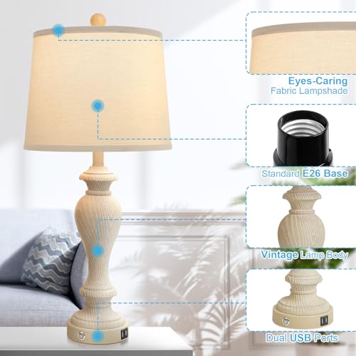 Set of 2 White Fabric Shade Table Lamps with 2 USB Ports, 3-Way Dimmable, 7W LED Bulbs H606575