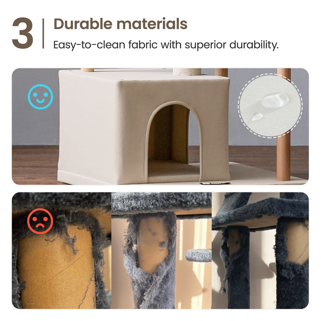 Beige Multi-Level Wood Cat Tree with 2 Condos and Perch Y966