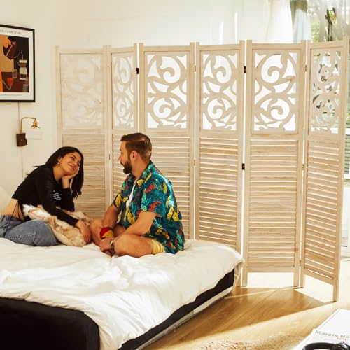 6 Panels Wood Carved Privacy Screens (White-Washed) U55721
