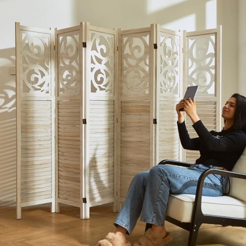 6 Panels Wood Carved Privacy Screens (White-Washed) U55721