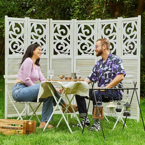 6 Panels Wood Carved Privacy Screens (White-Washed) U55721