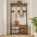 Rustic Brown 4 in 1 Entryway Hall Tree Coat Rack with Shoe Storage Bench 17 Hooks 2 Drawers F621