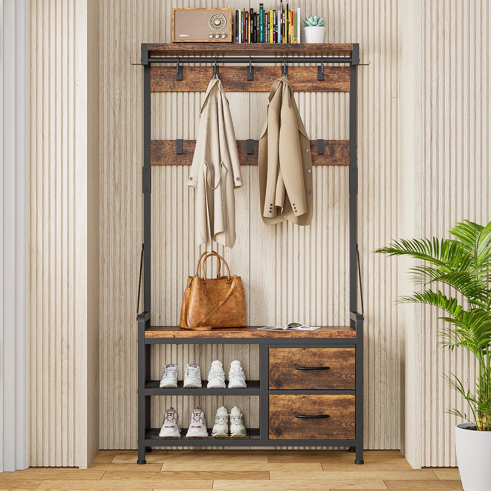 Rustic Brown 4 in 1 Entryway Hall Tree Coat Rack with Shoe Storage Bench 17 Hooks 2 Drawers F621