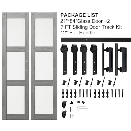 White 3-Panel Frosted Glass Solid Wood Barn Door with Sliding Door Hardware Kit O102254