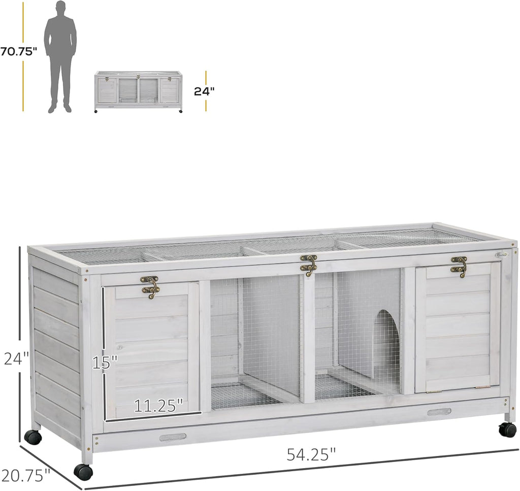 Light Gray Wooden Rabbit Hutch with Wheels and Removable Trays D2553