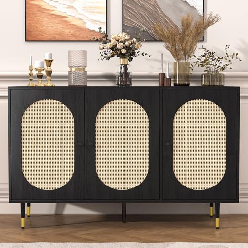 Black Rattan 3 Doors Buffet Cabinet with Adjustable Shelf I8256