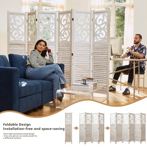 6 Panels Wood Carved Privacy Screens (White-Washed) U55721