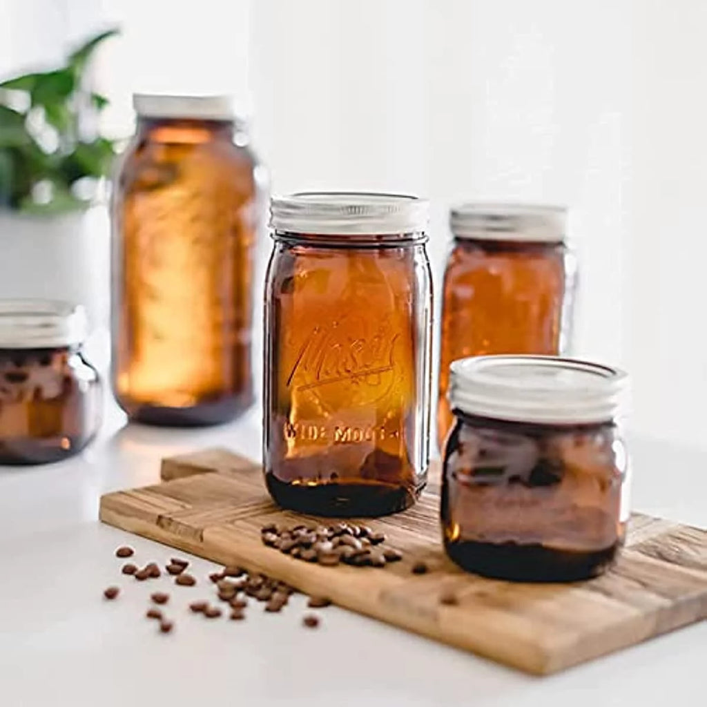 4 Pack 32Oz Amber Wide Mouth Glass Mason Jars with Airtight Lids and Bands N2890