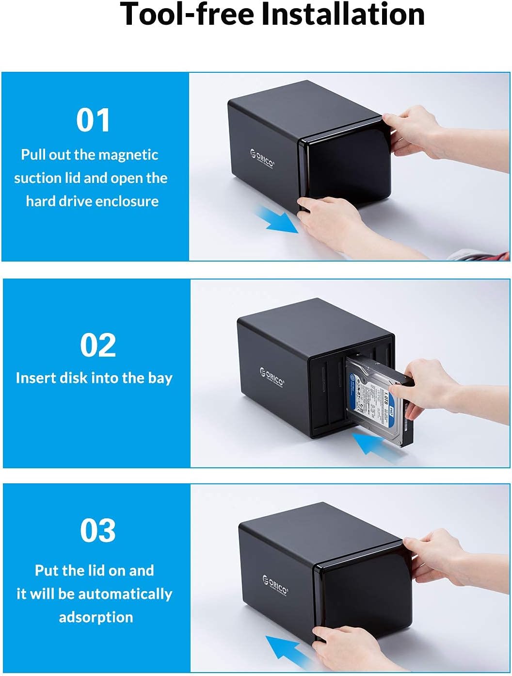 4 Bay HDD Raid Enclosure USB External Hard Drive Enclosure Aluminum SATA III Disk Storage Case Tool-Free for 2.5/3.5 SSD HDD Support 64TB H22537