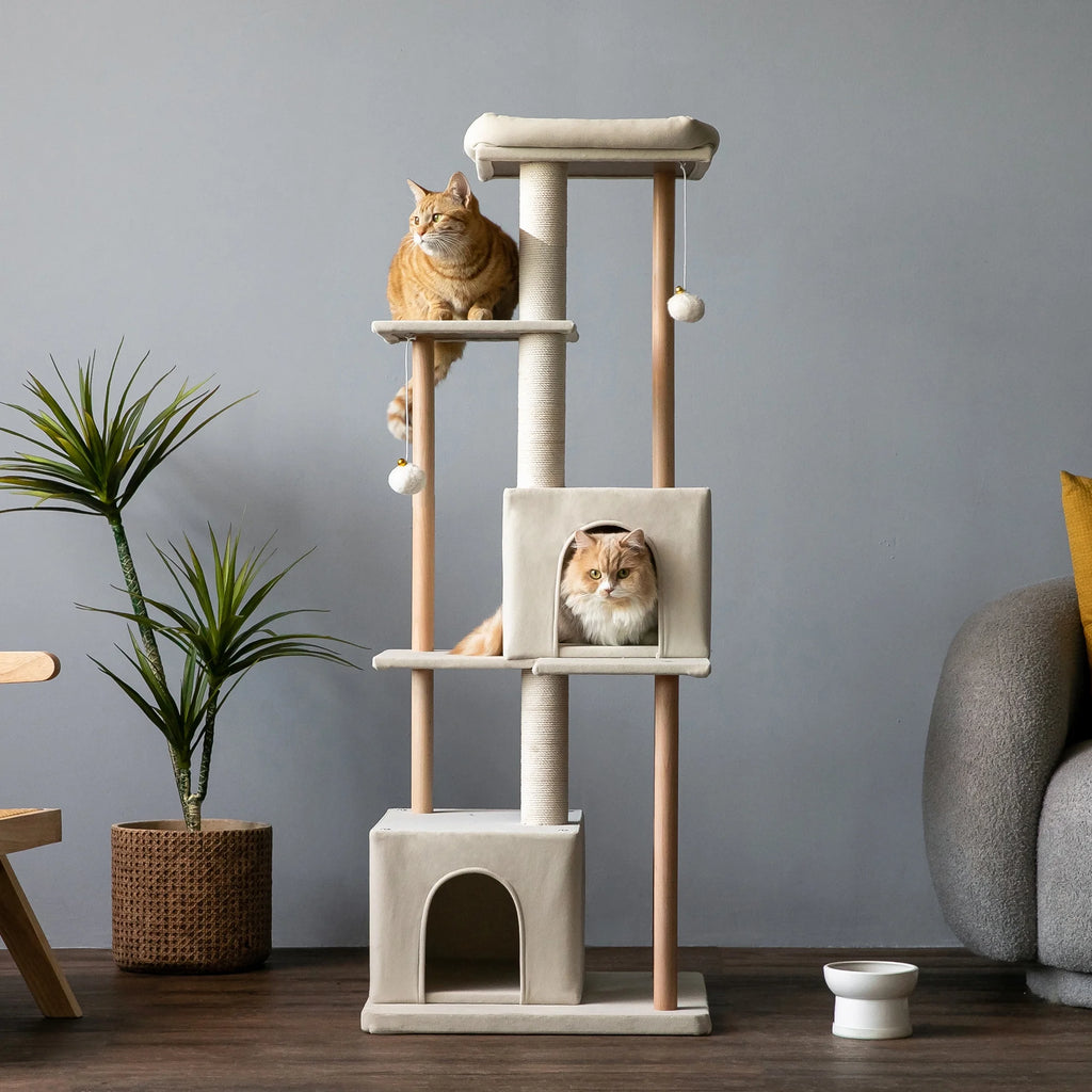 Beige Multi-Level Wood Cat Tree with 2 Condos and Perch Y966