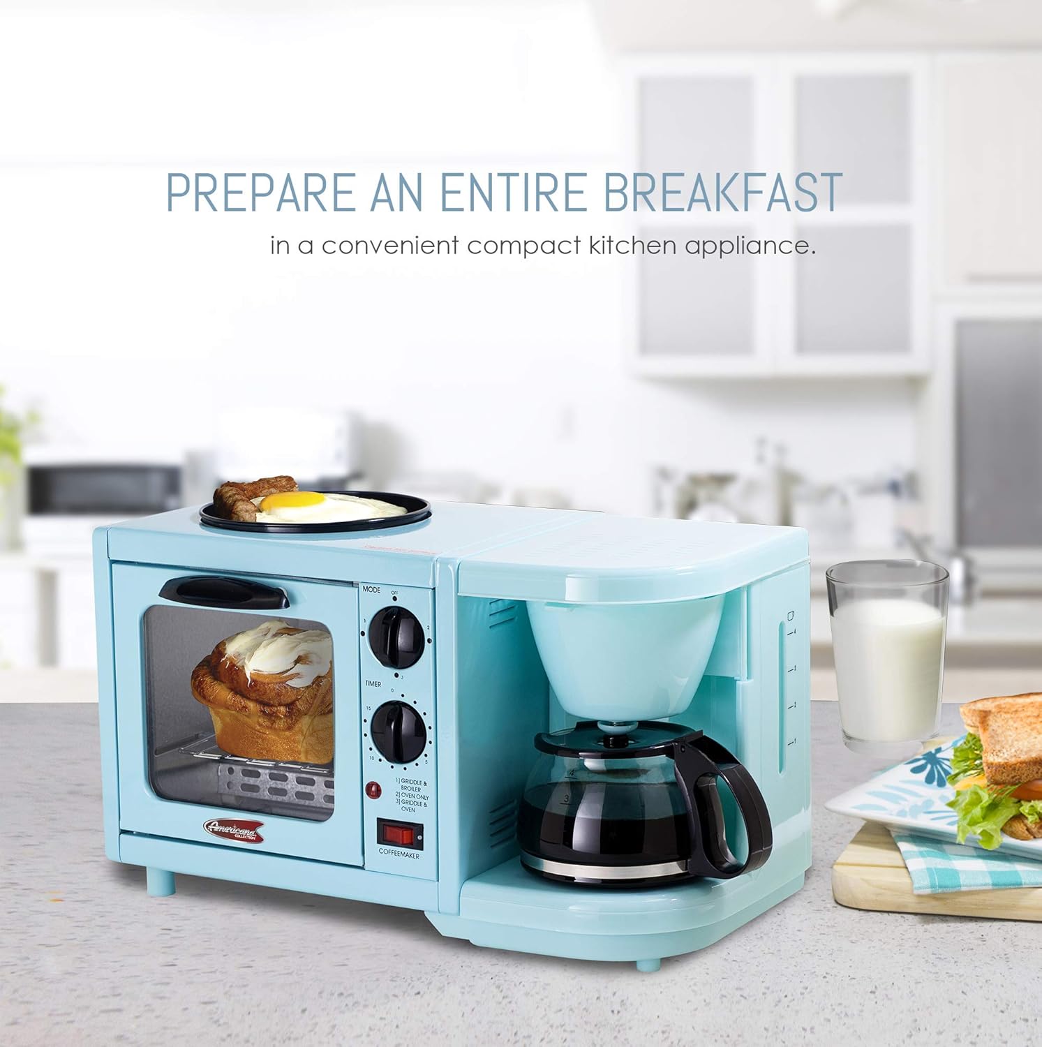 Aqua 3-in-1 Breakfast Maker Station with 4 Cup Coffeemaker and Toaster Oven E278