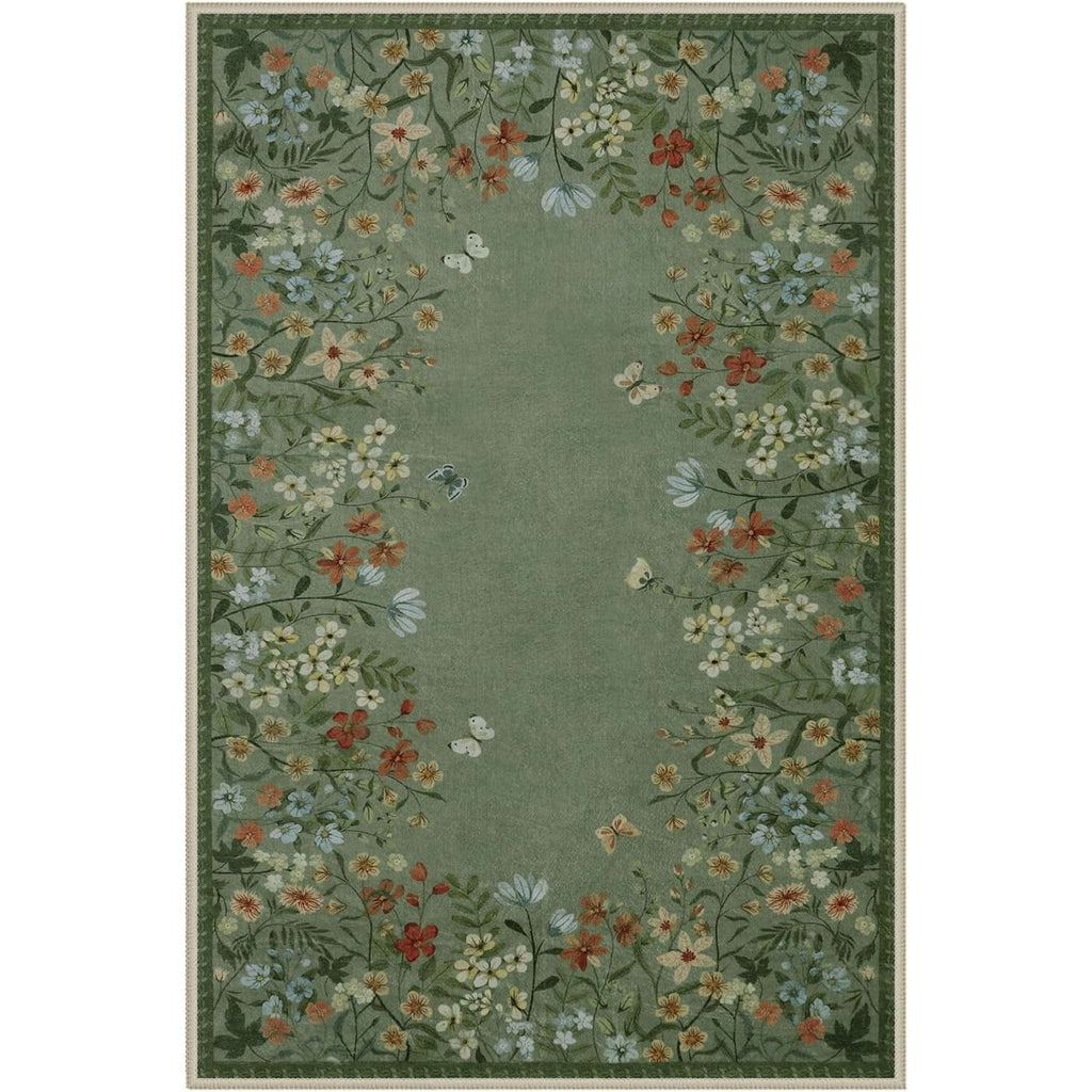 Green Floral 4x6 Washable Low-Pile Area Rug B6699