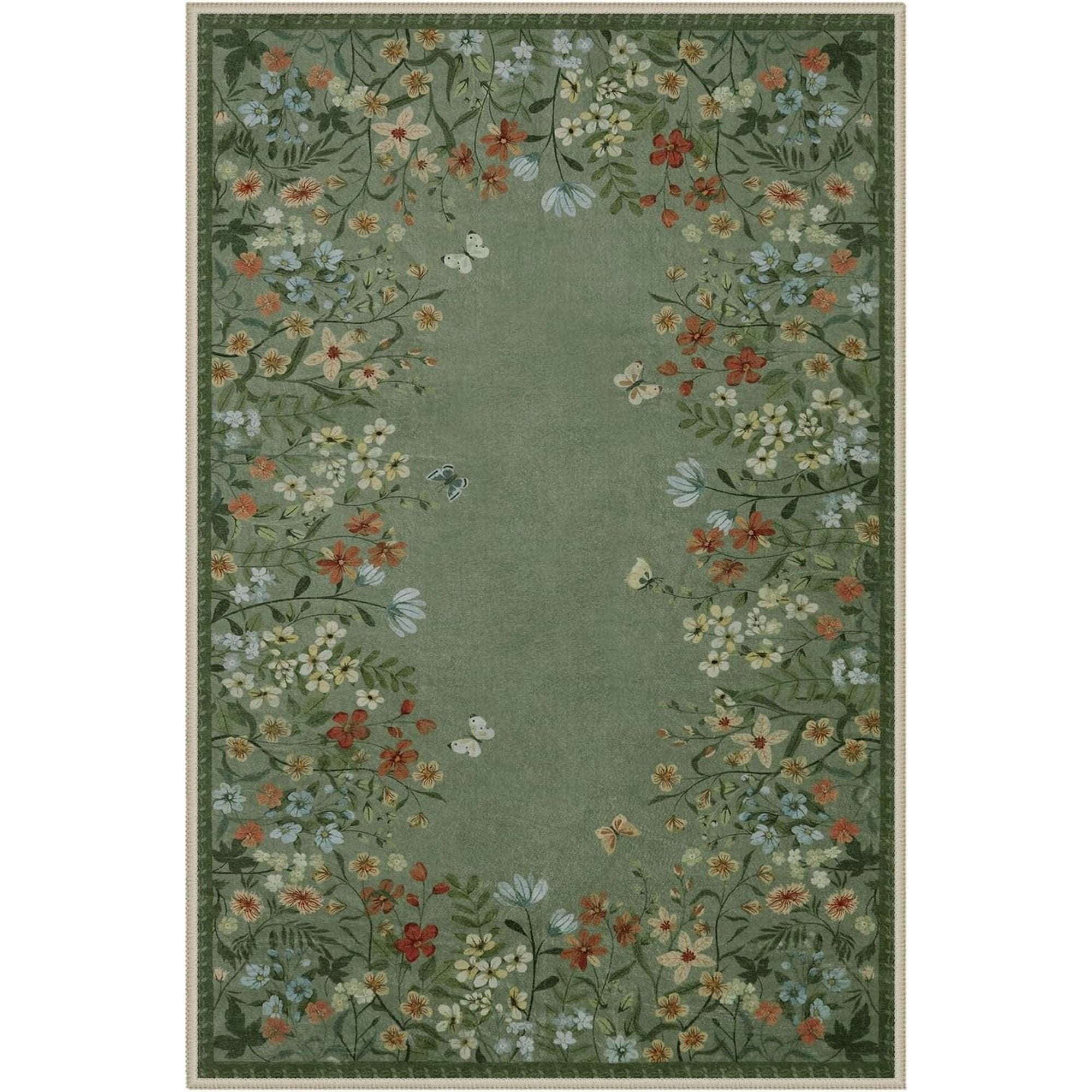 Green Floral 4x6 Washable Low-Pile Area Rug B6699