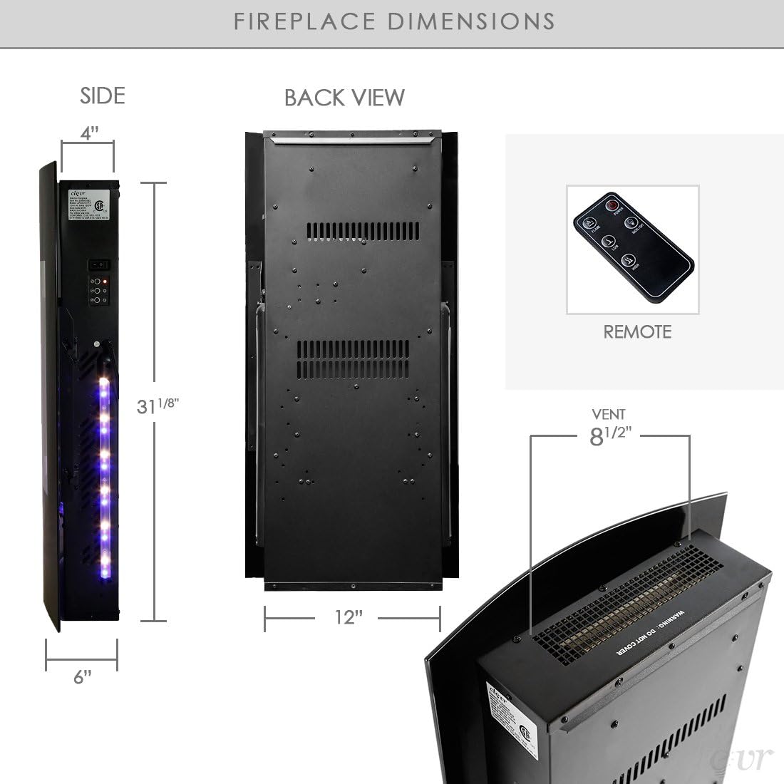 32 Vertical Wall Mounted Electric Fireplace Heater, Black, 750-1500W O40749