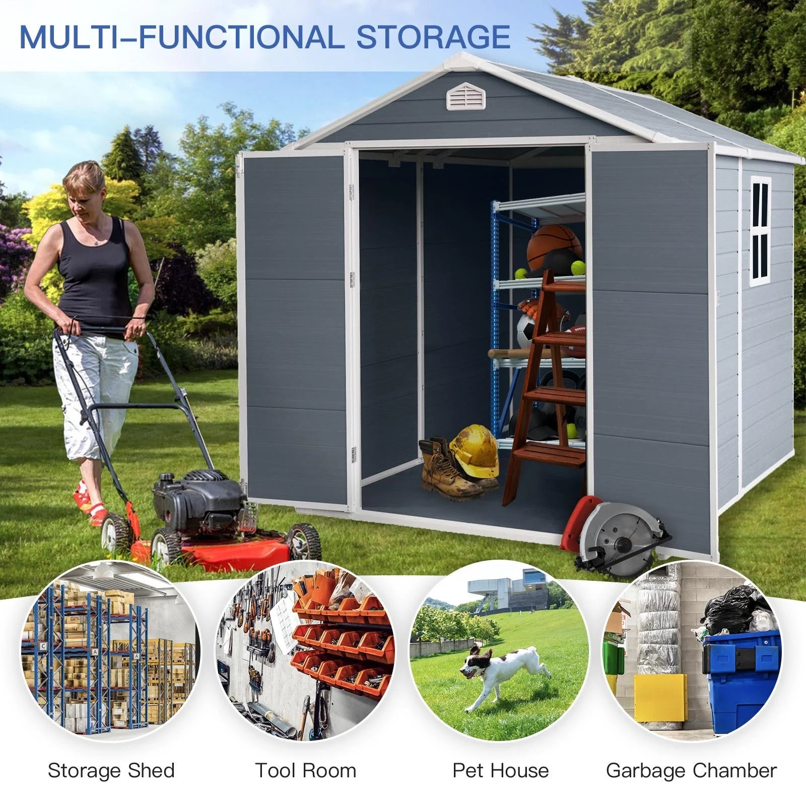 Gray 8' x 6' Outdoor Resin Storage Shed with Lockable Door A73292