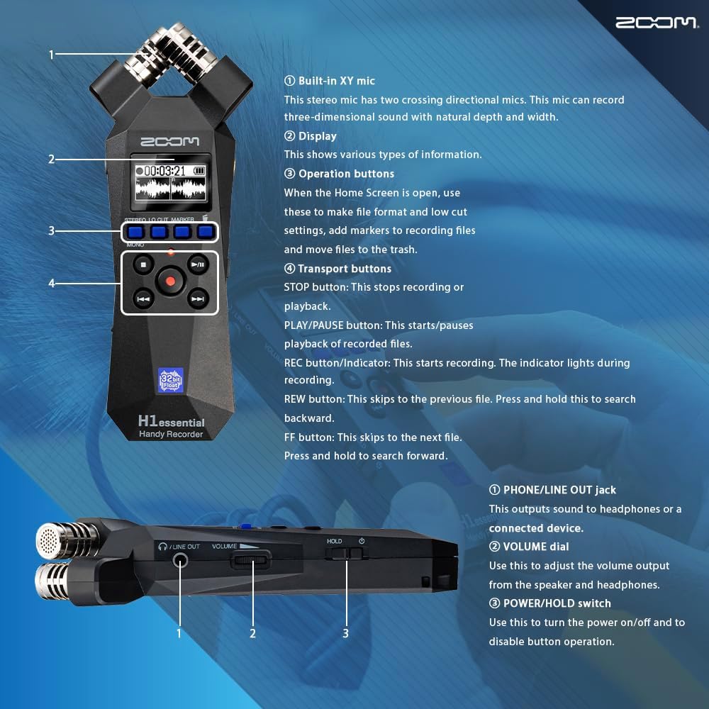 Stereo Handy Recorder Portable Audio Recorder 32 Bit Float USB X/Y Microphone 64GB SD Tripod Headphone G46663