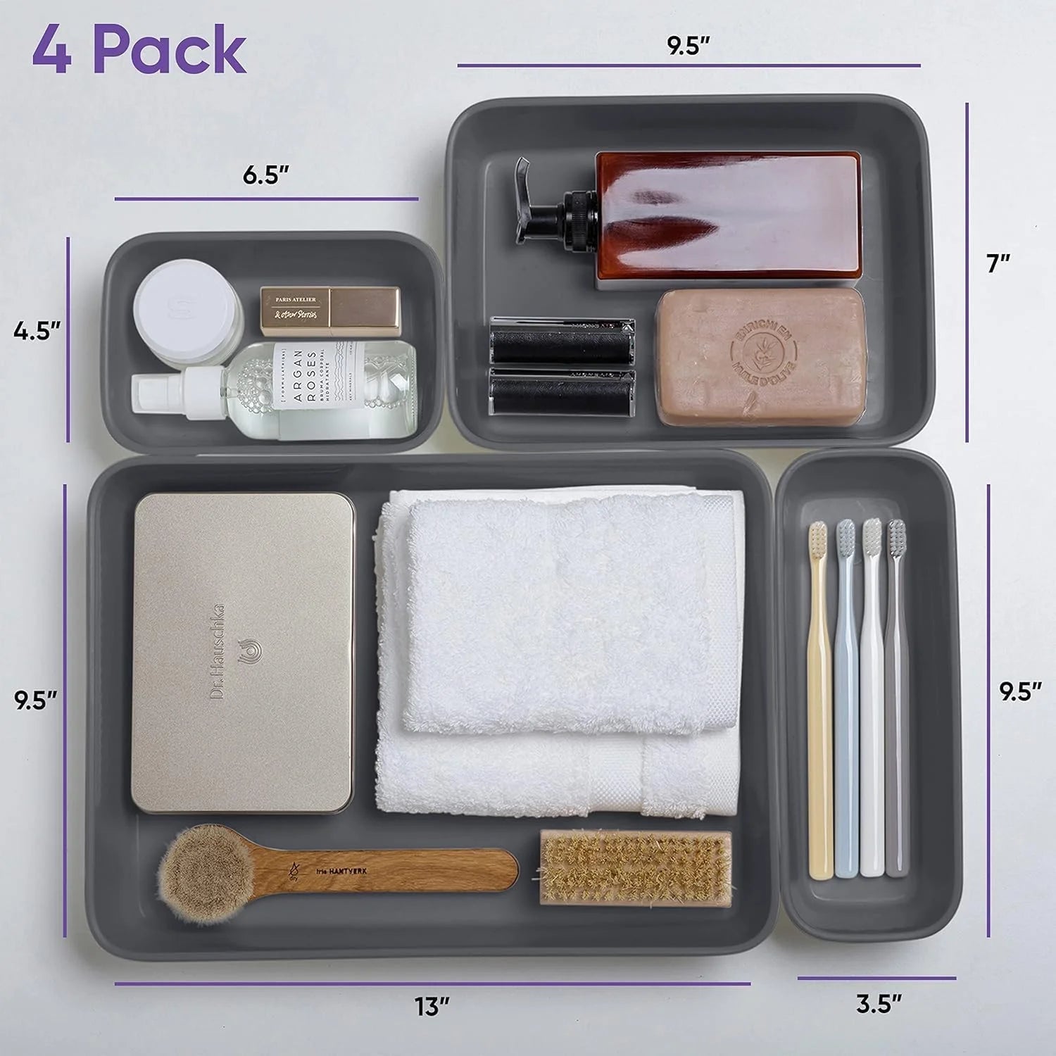 Grey Plastic Desk Drawer Organizer Tray Set of 4 Q35856