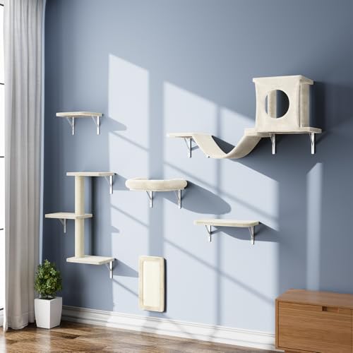 Gray 7 Pcs Cat Wall Shelves with House, Tunnel, Bridge, Steps, Scratcher, Hammock, Bed P73120