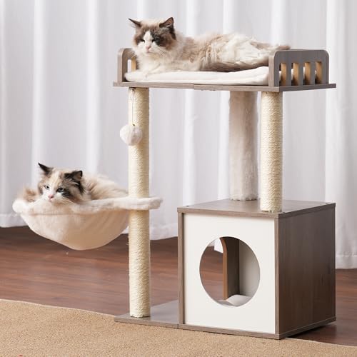 Rustic Brown Wooden Cat Tree with 3 Scratching Posts U357297