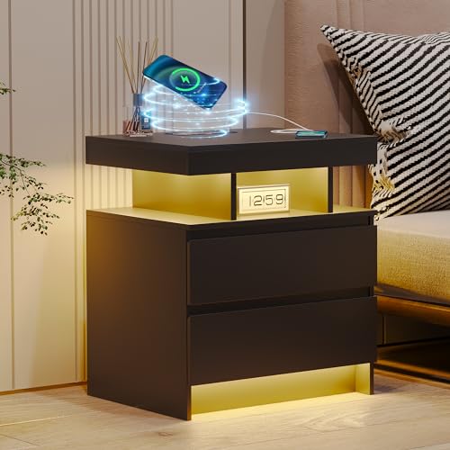 Black Nightstand with Drawers and Wireless Charging Station A2405
