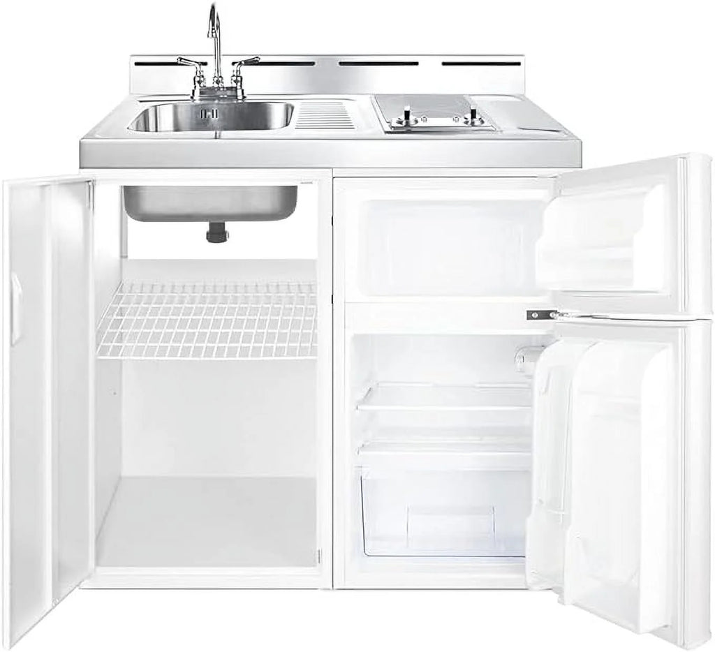 39 inch wide all-in-one kitchenette with 2-burner cooktop, refrigerator-freezer, sink, and storage cabinet G783
