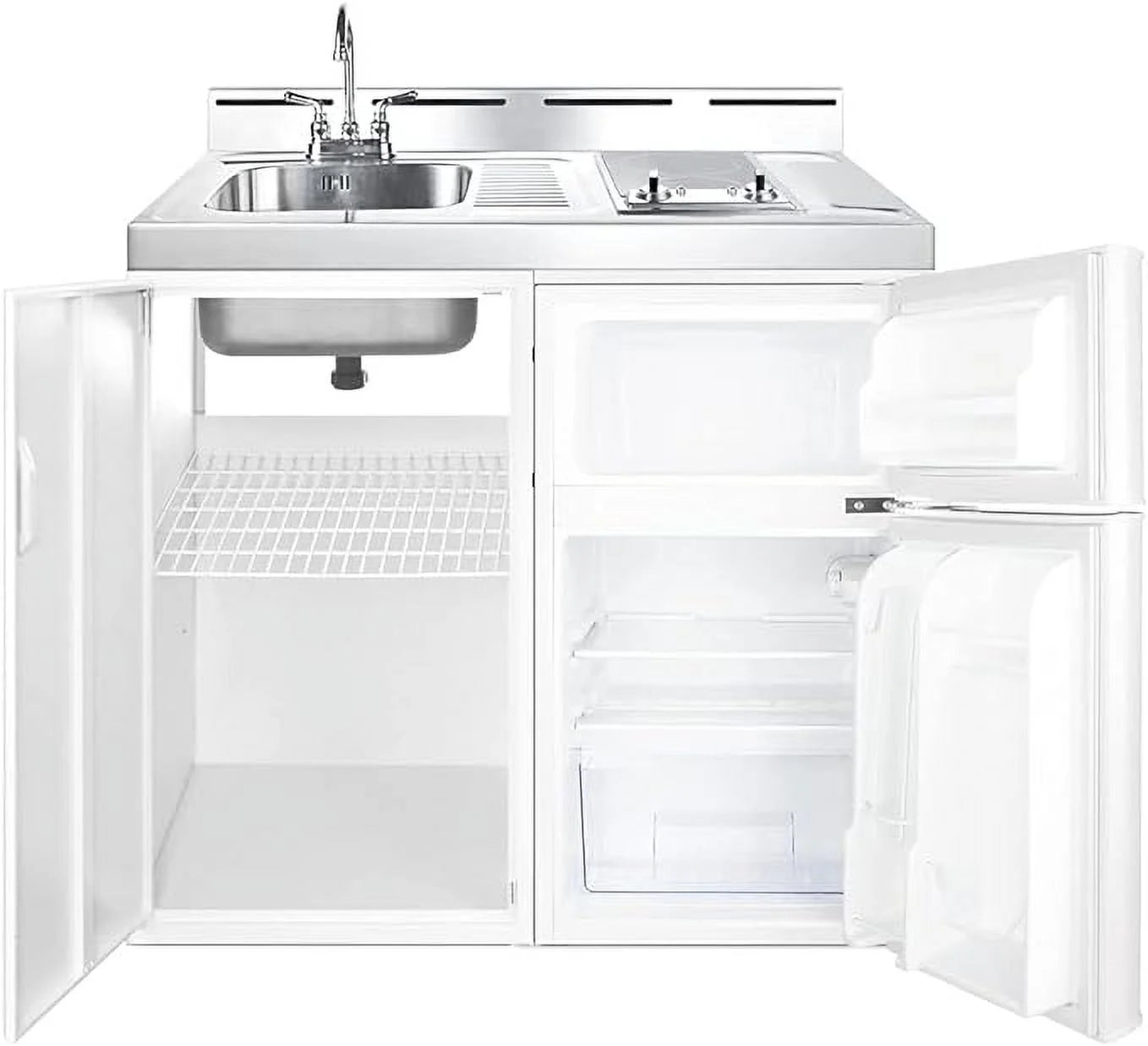 39 inch wide all-in-one kitchenette with 2-burner cooktop, refrigerator-freezer, sink, and storage cabinet G783