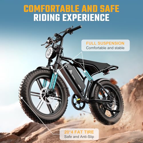 1500W Peak Brushless Motor 28 MPH 60 Miles Fat Tire E Bike with 48V 15Ah Removable Battery 20" Electric Dirt Bike Hydraulic Suspension 7-Speed W321