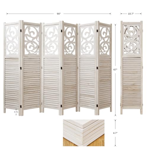 6 Panels Wood Carved Privacy Screens (White-Washed) U55721