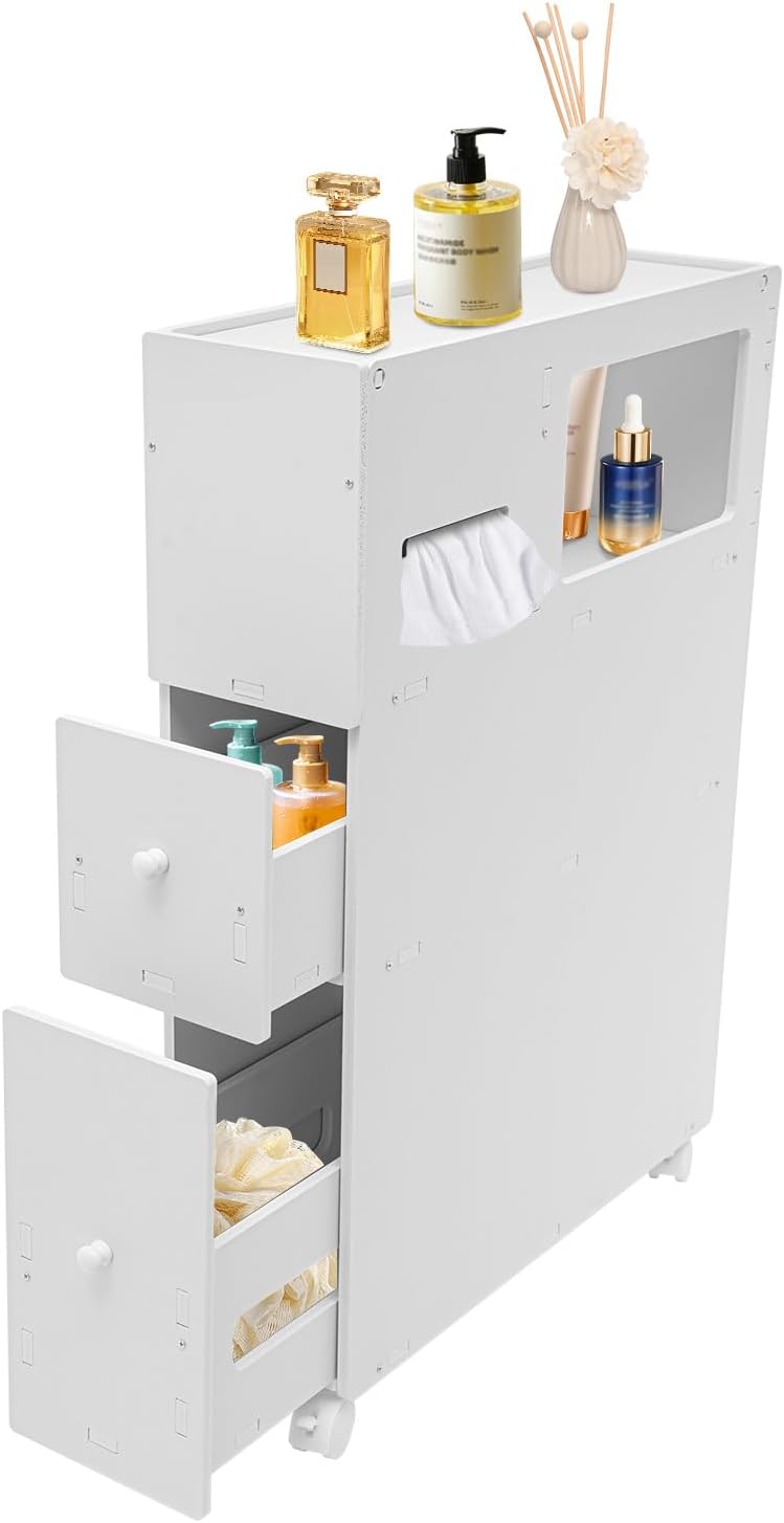 White Slim Rolling Bathroom Storage Cabinet K967886
