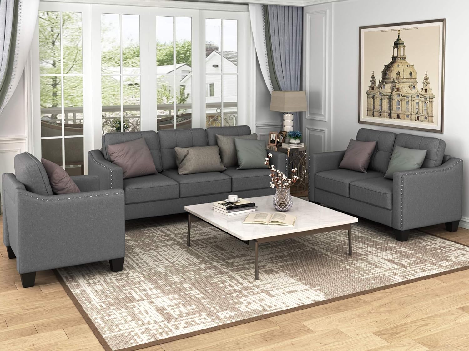 Retro Gray Linen Fabric 3 Piece Sofa Set Q666