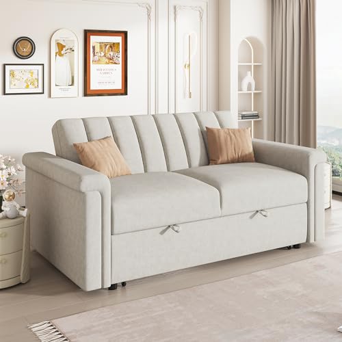 Beige Convertible Sleeper Sofa Bed with Pullout Bed T92457