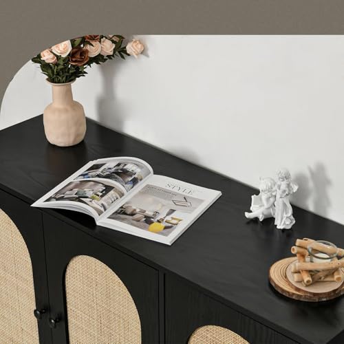 Black Rattan 3 Doors Buffet Cabinet with Adjustable Shelf I8256