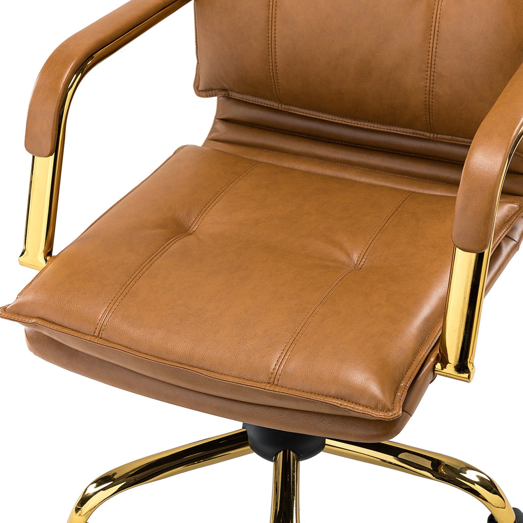 Camel Vegan Leather Task Chair with Tufted Mid Back Armrest Swivel Adjustable F784