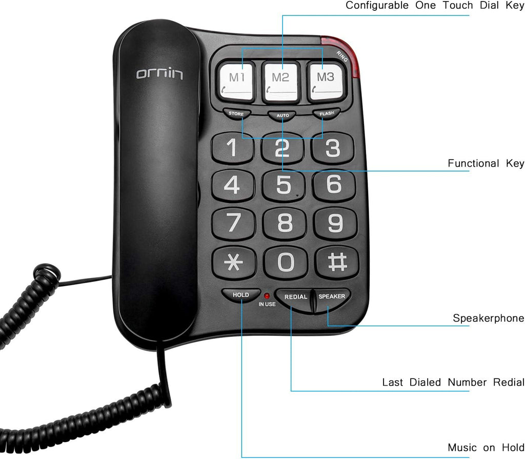 Big Button Corded Telephone with Speaker Desk Phone Black E959