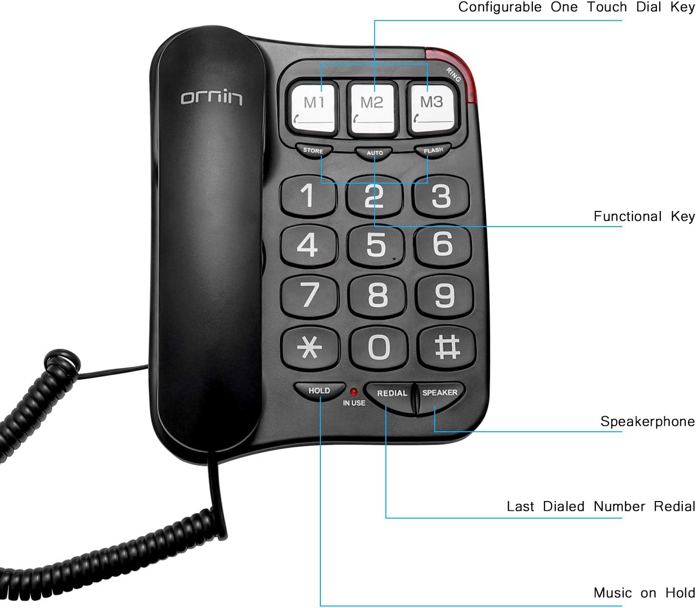 Big Button Corded Telephone with Speaker Desk Phone Black E959