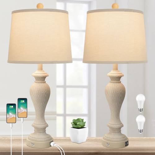 Set of 2 White Fabric Shade Table Lamps with 2 USB Ports, 3-Way Dimmable, 7W LED Bulbs H606575