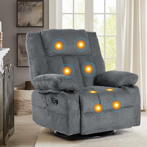 Recliner Chair Massage Fabric Recliners with Heated, 360 Degree Swivel Single Sofa with Cup Holders and Side Pockets Rocking Chair T54270