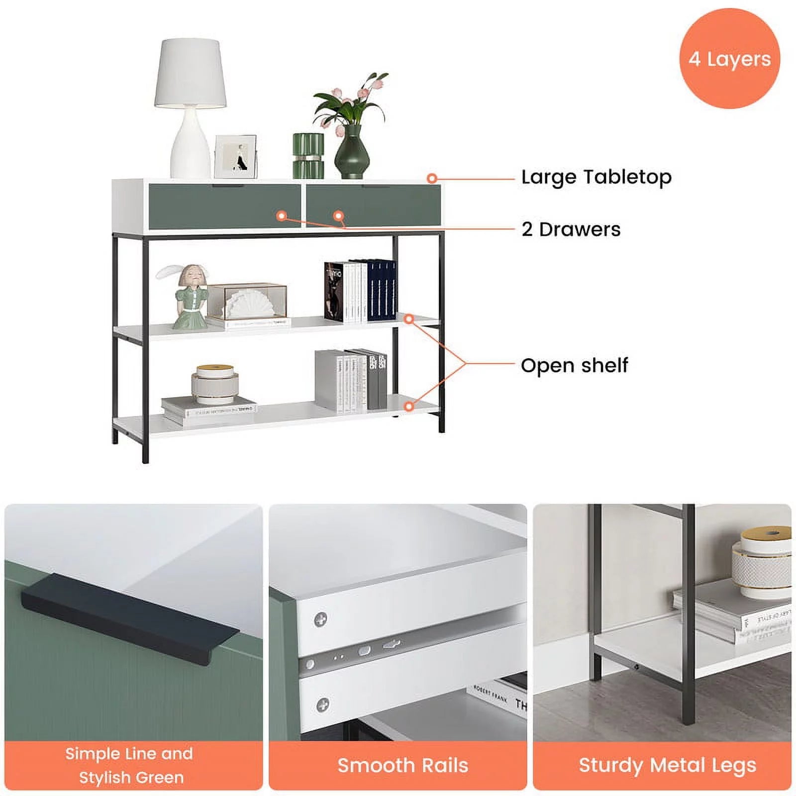 White and Light Green Wood Console Table with Shelves and Drawers C4535