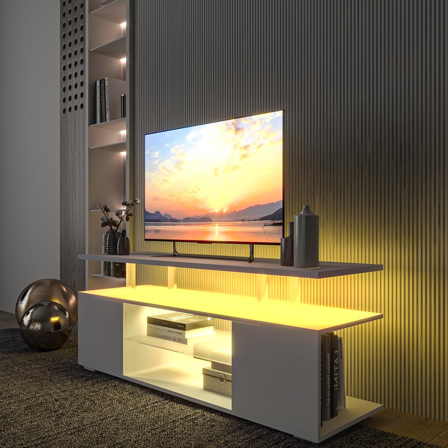 White TV Stand with Storage and Open Shelves W848
