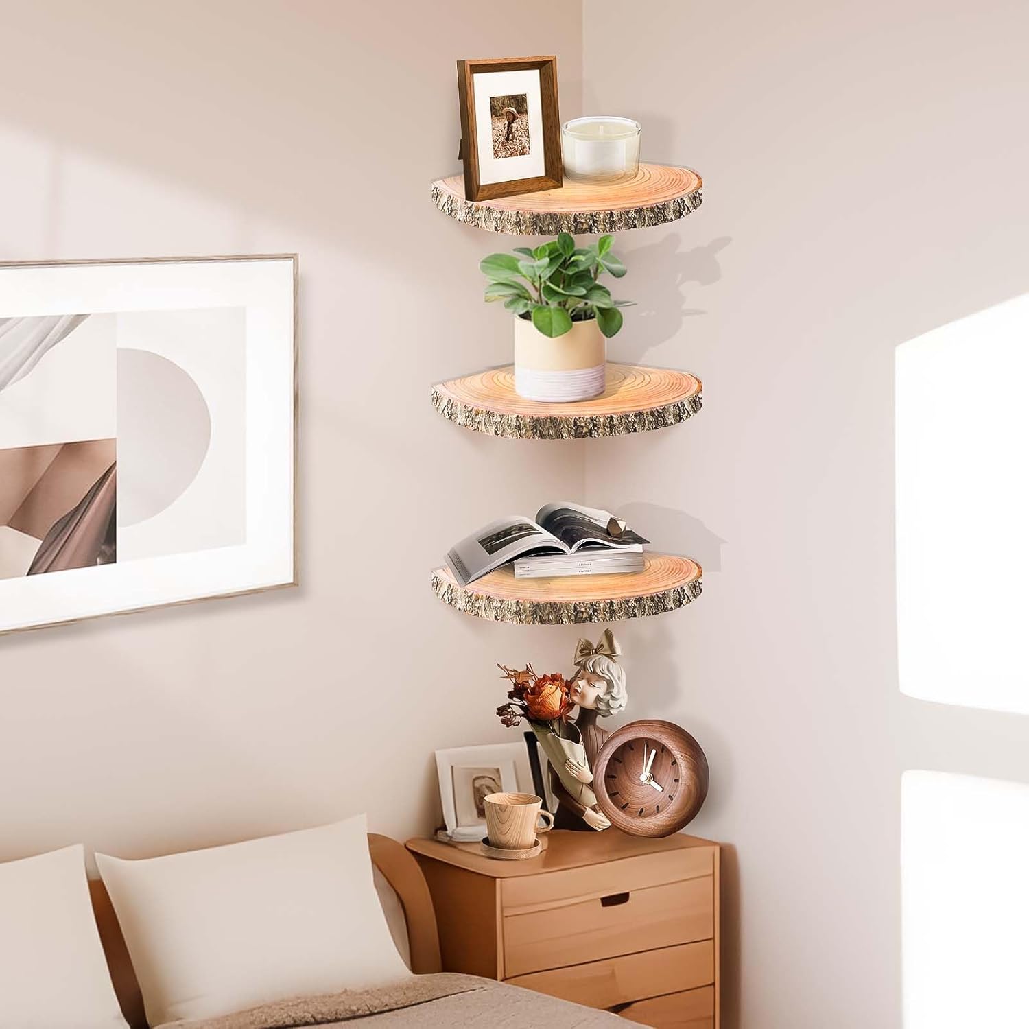 3Pcs Rustic Wood Corner Floating Shelves W7713
