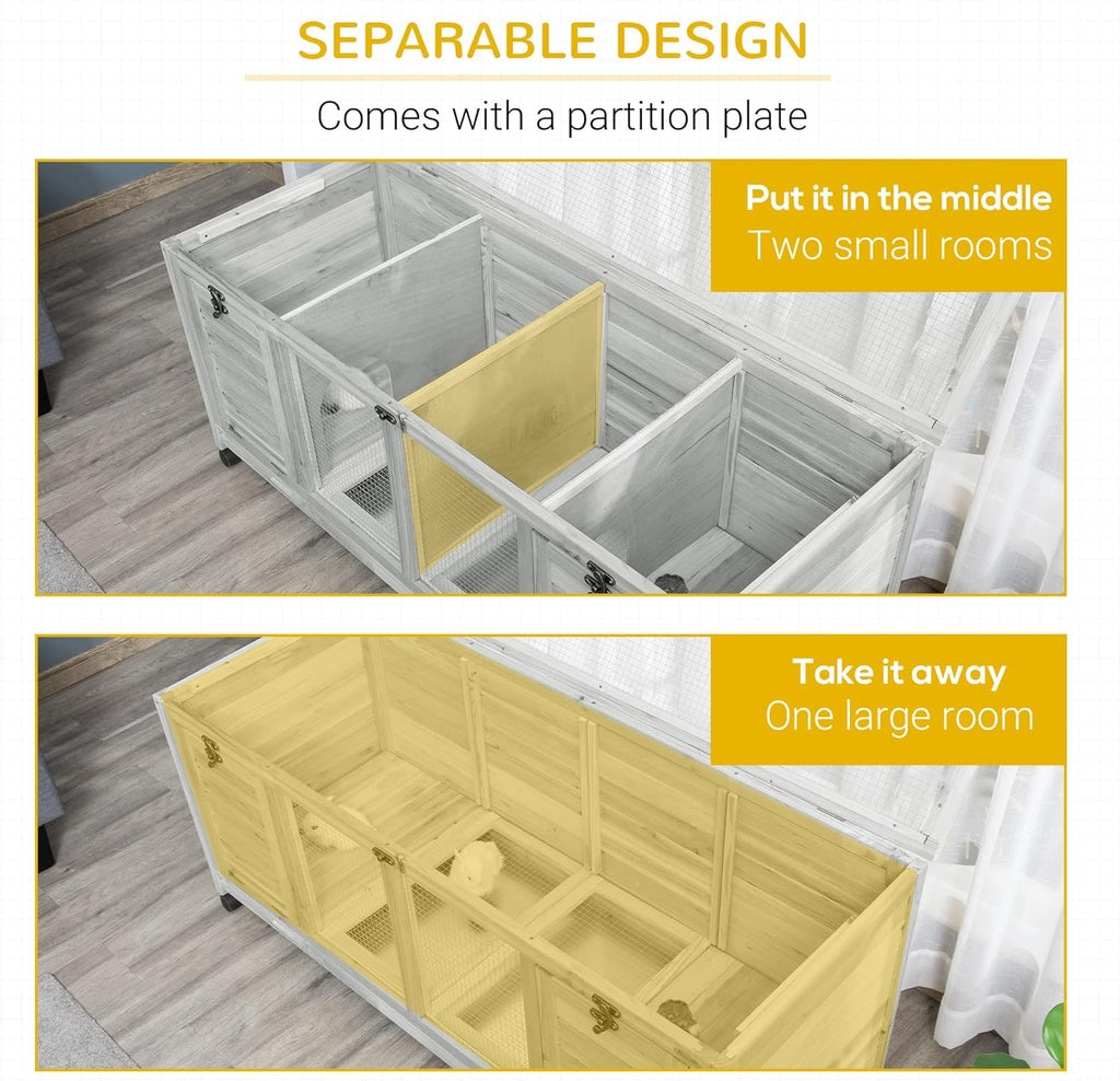 Light Gray Wooden Rabbit Hutch with Wheels and Removable Trays D2553